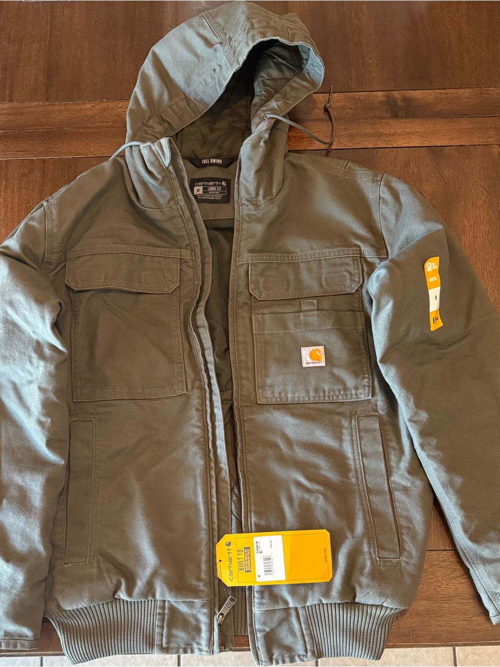 Carhartt Olive Hooded Work Jacket with Patch Logo